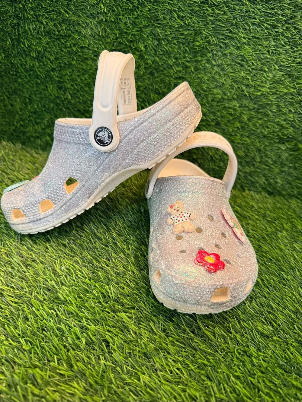 Crocs Kids Glitter Slip-On Clogs with Charms - Silver size 1Y